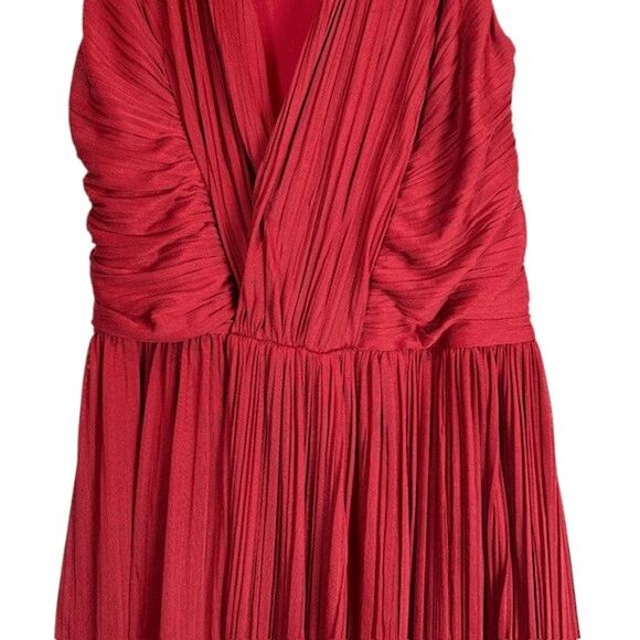 Halston Heritage V-Neck Maxi Dress Gown Ruched Red Pleats Sleeveless Size 0 - Picture 5 of 15
